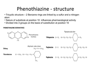 • Tricyclic structure – 2 Benzene rings are linked by a sulfur and a nitrogen
atom
• Nature of substitute at position 10 influences pharmacological activity
• Divided into 3 groups on the basis of substitution at position 10

 
