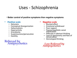 • Better control of positive symptoms than negative symptoms


Positive scale








Delusions
Conceptual disorganization
Hallucinations
Hyperactivity
Grandiosity
Suspiciousness/persecution
Hostility

Relieved by
Antipsychotics



Negative scale








Blunted affect
Emotional withdrawal
Poor rapport
Passive/apathetic social
withdrawals
Difficulty in abstract thinking
Lack of spontaneity and flow
of conversation
Stereotyped thinking

Less Relieved by
Antipsychotics

 
