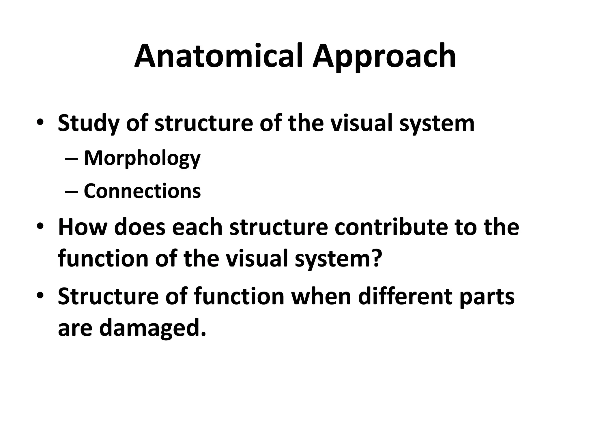 Anatomical Approach
• Study of structure of the visual system
– Morphology
– Connections
• How does each structure contribute to the
function of the visual system?
• Structure of function when different parts
are damaged.
 
