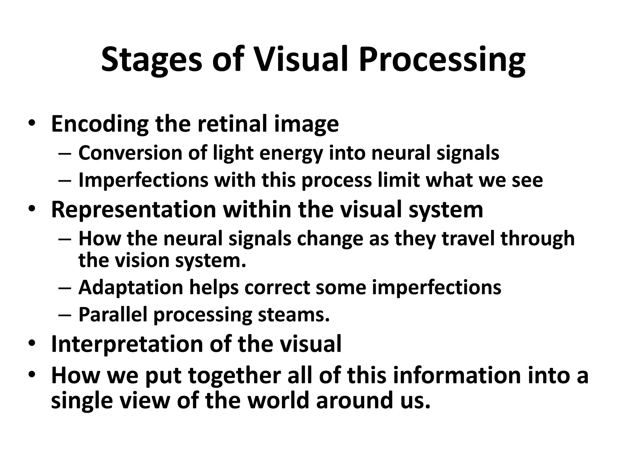 Stages of Visual Processing
• Encoding the retinal image
– Conversion of light energy into neural signals
– Imperfections with this process limit what we see
• Representation within the visual system
– How the neural signals change as they travel through
the vision system.
– Adaptation helps correct some imperfections
– Parallel processing steams.
• Interpretation of the visual
• How we put together all of this information into a
single view of the world around us.
 