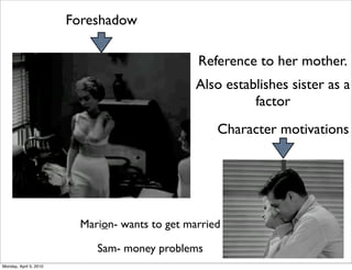 Foreshadow

                                                 Reference to her mother.
                                                 Also establishes sister as a
                                                           factor
                                                     Character motivations




                          Marion- wants to get married

                             Sam- money problems
Monday, April 5, 2010
 