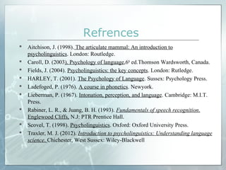  Aitchison, J. (1998). The articulate mammal: An introduction to
psycholinguistics. London: Routledge.
 Caroll, D. (2003). Psychology of language,6th
ed.Thomson Wardsworth, Canada.
 Fields, J. (2004). Psycholinguistics: the key concepts. London: Rutledge.
 HARLEY, T. (2001). The Psychology of Language. Sussex: Psychology Press.
 Ladefoged, P. (1976). A course in phonetics. Newyork.
 Lieberman, P. (1967). Intonation, perception, and language. Cambridge: M.I.T.
Press.
 Rabiner, L. R., & Juang, B. H. (1993). Fundamentals of speech recognition.
Englewood Cliffs, N.J: PTR Prentice Hall.
 Scovel, T. (1998). Psycholinguistics. Oxford: Oxford University Press.
 Traxler, M. J. (2012). Introduction to psycholinguistics: Understanding language
science. Chichester, West Sussex: Wiley-Blackwell
Refrences
 