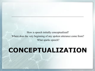 CONCEPTUALIZATION
How is speech initially conceptualized?
Where does the very beginning of any spoken utterance come from?
What sparks speech?
 