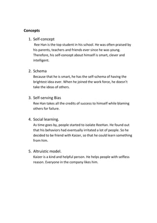 Concepts
1. Self-concept
Ree Han is the top student in his school. He was often praised by
his parents, teachers and friends ever since he was young.
Therefore, his self-concept about himself is smart, clever and
intelligent.
2. Schema
Because that he is smart, he has the self-schema of having the
brightest idea ever. When he joined the work force, he doesn’t
take the ideas of others.
3. Self-serving Bias
Ree Han takes all the credits of success to himself while blaming
others for failure.
4. Social learning.
As time goes by, people started to isolate ReeHan. He found out
that his behaviors had eventually irritated a lot of people. So he
decided to be friend with Kaizer, so that he could learn something
from him.
5. Altruistic model.
Kaizer is a kind and helpful person. He helps people with selfless
reason. Everyone in the company likes him.
 