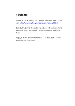Reference
Mcleod, S. (2008, April 4). Self Concept. . Retrieved June 1, 2014,
from http://www.simplypsychology.org/self-concept.html
Bartlett, F.C. (1932). Remembering: A Study in Experimental and
Social Psychology. Cambridge, England: Cambridge University
Press.
Piaget, J. (1928). The Child's Conception of the World. London:
Routledge and Kegan Paul.
 