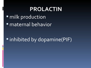PROLACTIN  milk production  maternal behavior inhibited by dopamine(PIF)‏ 