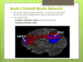 Brain's Default Mode Network
   The brain's default mode network -- a series of connected
    areas that work hardest when most of the brain is at rest
   Two major hubs:
     -posterior cingulate cortex with the precuneus
     -medial prefrontal cortex
 