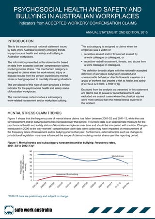 MENTAL STRESS CLAIM TRENDS
Figure 1 shows that the frequency rate of mental stress claims has fallen between 2001-02 and 2011-12, while the rate
for harassment and/or bullying claims has increased over that period. This trend data is an approximate measure for the
psychosocial health and safety status of Australian workplaces over time and should be interpreted with caution. Changes
introduced in 2006 to the way workers’ compensation claim data were coded may have impacted on measurement of
the frequency rates of harassment and/or bullying prior to that year. Furthermore, external factors such as changes to
jurisdictional legislation may have influenced the scope of claims involving mental stress over the reporting period.
Figure 1. Mental stress and subcategory harassment and/or bullying: Frequency rates,
2001–02 to 2012–13p*
Year Harassment &/or bullying (claims per
100 million hours worked)
Mental Stress (claims per 100 million
hours worked)
2001-02 0.6 70.7
2002-03 6.6 72.1
2003-04 11.3 71.6
2004-05 10.7 68.2
2005-06 8.9 59.7
2006-07 8.4 56.9
2007-08 8.4 53.4
2008-09 10.0 55.0
2009-10 13.2 60.6
2010-11 15.7 62.7
2011-12 15.6 55.1
2012-13p 12.6 46.1
2011-12 15.6 55.1
2012-13p 12.6 46.1
*2012-13 data are preliminary and subject to change
INTRODUCTION
This is the second annual national statement issued
by Safe Work Australia to identify emerging trends
in psychosocial health and safety and bullying in
Australian workplaces.
The information presented in this statement is based
on data from accepted workers’ compensation claims
involving mental stress. This mechanism category is
assigned to claims when the work-related injury or
disease results from the person experiencing mental
stress or being exposed to mentally stressing situations.
The prevalence of this type of claim provides a limited
indicator for the psychosocial health and safety status
of Australian workplaces.
The mental stress code includes a subcategory
work-related harassment and/or workplace bullying.
This subcategory is assigned to claims when the
employee was a victim of:
•• repetitive assault and/or threatened assault by
a work colleague or colleagues, or
•• repetitive verbal harassment, threats, and abuse from
a work colleague or colleagues.
This definition broadly aligns with the nationally accepted
definition of workplace bullying of repeated and
unreasonable behaviour directed towards a worker or a
group of workers that creates a risk to health and safety
(Fair Work Act 2009, s.789FD(1)).
Excluded from the analysis as presented in this statement
are claims due to sexual or racial harassment. Also
excluded are assault cases where the physical injuries
were more serious than the mental stress involved in
the incident.
PSYCHOSOCIAL HEALTH AND SAFETY AND
BULLYING IN AUSTRALIAN WORKPLACES
Indicators from ACCEPTED WORKERS’ COMPENSATION CLAIMS
ANNUAL STATEMENT, 2ND EDITION, 2015
0
10
20
30
40
50
60
70
80
Frequencyrate
(claimsper100millionhours
worked)
Mental stress
Harassment &/or bullying
 