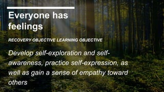 Everyone has
feelings
RECOVERY OBJECTIVE LEARNING OBJECTIVE
Develop self-exploration and self-
awareness, practice self-expression, as
well as gain a sense of empathy toward
others
 