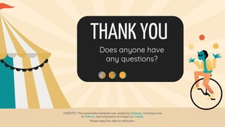 CREDITS: This presentation template was created by Slidesgo, including icons
by Flaticon, and infographics & images by Freepik.
Please keep this slide for attribution.
THANK YOU
Does anyone have
any questions?
 