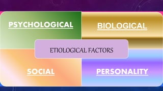 PSYCHOLOGICAL BIOLOGICAL
SOCIAL PERSONALITY
ETIOLOGICAL FACTORS
 