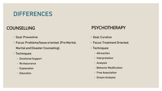 DIFFERENCES
COUNSELLING
◦ Goal: Preventive
◦ Focus: Problems/Issue oriented. (Pre Marital.
Marital and Disaster Counseling).
◦ Techniques:
◦ Emotional Support
◦ Re Assurance
◦ Explanation
◦ Education
PSYCHOTHERAPY
◦ Goal: Curative
◦ Focus: Treatment Oriented.
◦ Techniques:
◦ Abreaction
◦ Interpretation
◦ Analysis
◦ Behavior Modification
◦ Free Association
◦ Dream Analysis
 