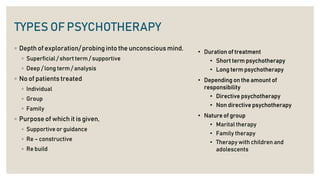 TYPES OF PSYCHOTHERAPY
◦ Depth of exploration/ probing into the unconscious mind.
◦ Superficial / short term / supportive
◦ Deep / long term / analysis
◦ No of patients treated
◦ Individual
◦ Group
◦ Family
◦ Purpose of which it is given,
◦ Supportive or guidance
◦ Re – constructive
◦ Re build
• Duration of treatment
• Short term psychotherapy
• Long term psychotherapy
• Depending on the amount of
responsibility
• Directive psychotherapy
• Non directive psychotherapy
• Nature of group
• Marital therapy
• Family therapy
• Therapy with children and
adolescents
 
