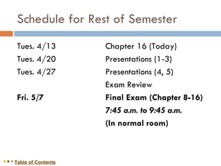 Schedule for Rest of Semester <ul><li>Tues. 4/13 Chapter 16 (Today) </li></ul><ul><li>Tues. 4/20 Presentations (1-3) </li>...