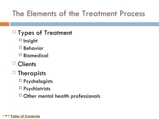 The Elements of the Treatment Process <ul><li>Types of Treatment </li></ul><ul><ul><li>Insight </li></ul></ul><ul><ul><li>...