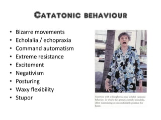 Catatonic behaviour
• Bizarre movements
• Echolalia / echopraxia
• Command automatism
• Extreme resistance
• Excitement
• Negativism
• Posturing
• Waxy flexibility
• Stupor
 