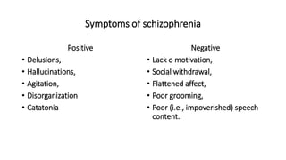 Symptoms of schizophrenia
Positive
• Delusions,
• Hallucinations,
• Agitation,
• Disorganization
• Catatonia
Negative
• Lack o motivation,
• Social withdrawal,
• Flattened affect,
• Poor grooming,
• Poor (i.e., impoverished) speech
content.
 