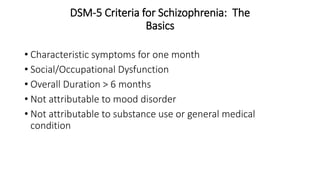DSM-5 Criteria for Schizophrenia: The
Basics
• Characteristic symptoms for one month
• Social/Occupational Dysfunction
• Overall Duration > 6 months
• Not attributable to mood disorder
• Not attributable to substance use or general medical
condition
 