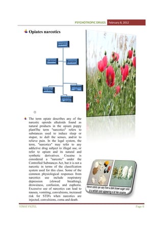 PSYCHOTROPIC DRUGS February 8, 2012

Opiates narcotics

o
The term opiate describes any of the
narcotic opioids alkaloids found as
natural products in the opium poppy
plantThe term "narcotics" refers to
The
substances used to induce sleep or
stupor, to dull the senses, and/or to
relieve pain. In the legal system, the
term, "narcotics" may refer to any
addictive drug subject to illegal use, or
refer to opium and its natural and
synthetic derivatives. Cocaine is
considered a "narcotic" under the
Controlled Substances Act, but it is not a
narcotic in terms of the classification
ms
system used for this class. Some of the
common physiological responses from
narcotics use include respiratory
depression
(slowed
breathing),
drowsiness, confusion, and euphoria.
Excessive use of narcotics can lead to
nausea, vomiting, convulsions, increased
ng,
risk for STD's when narcotics are
injected, convulsions, coma and death.
VINAY PATEL

Page 8

 