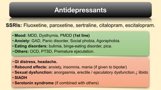 SSRIs: Fluoxetine, paroxetine, sertraline, citalopram, escitalopram.
Antidepressants
• Mood: MDD, Dysthymia, PMDD (1st line)
• Anxiety: GAD, Panic disorder, Social phobia, Agoraphobia.
• Eating disorders: bulimia, binge-eating disorder, pica.
• Others: OCD, PTSD, Premature ejaculation.
• GI distress, headache.
• Rebound effects: anxiety, insomnia, mania (if given to bipolar)
• Sexual dysfunction: anorgasmia, erectile / ejaculatory dysfunction,↓ libido
• SIADH
• Serotonin syndrome (if combined with others)
 