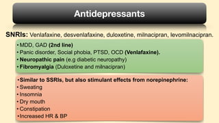 SNRIs: Venlafaxine, desvenlafaxine, duloxetine, milnacipran, levomilnacipran.
Antidepressants
• MDD, GAD (2nd line)
• Panic disorder, Social phobia, PTSD, OCD (Venlafaxine).
• Neuropathic pain (e.g diabetic neuropathy)
• Fibromyalgia (Duloxetine and milnacipran)
•Similar to SSRIs, but also stimulant effects from norepinephrine:
• Sweating
• Insomnia
• Dry mouth
• Constipation
•Increased HR & BP
 