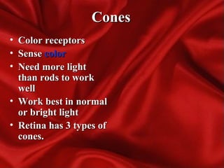 ConesCones
• Color receptorsColor receptors
• SenseSense colorcolor
• Need more lightNeed more light
than rods to workthan rods to work
wellwell
• Work best in normalWork best in normal
or bright lightor bright light
• Retina has 3 types ofRetina has 3 types of
cones.cones.
 