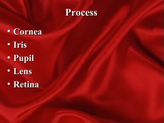 ProcessProcess
• CorneaCornea
• IrisIris
• PupilPupil
• LensLens
• RetinaRetina
 