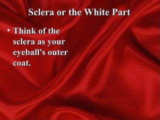 Sclera or the White PartSclera or the White Part
• Think of theThink of the
sclera as yoursclera as your
eyeball's outereyeball's outer
coat.coat.
 