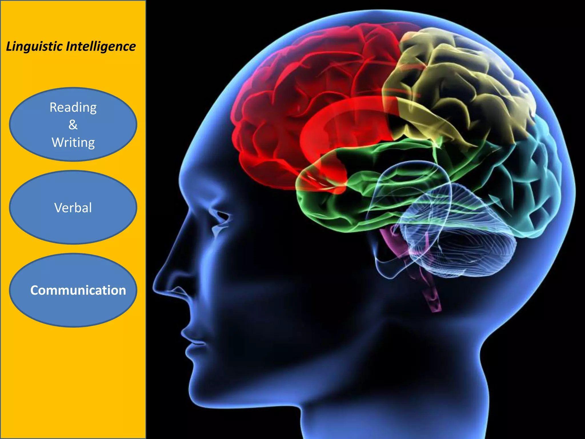 Linguistic Intelligence



       Reading
          &
       Writing



        Verbal




    Communication
 