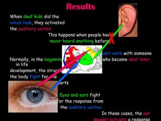 Results When  deaf kids  did the  visual task , they activated  the  auditory cortex This happens when people have  never heard anything  before.    Doesn’t work  with someone Normally, in the  beginning  of    who became  deaf later  in life development, the structures of  the body  fight  for the  response  from certain parts  of the brain.  Eyes and ears  fight  for the response from  the  auditory cortex In these cases, the  ear  doesn’t activate  a response  because no sound is heard,  so the  eyes take over  the  function of this area X 