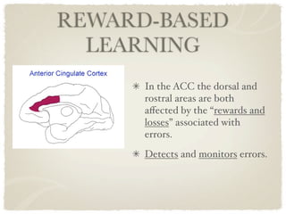 REWARD-BASED
  LEARNING
      In the ACC the dorsal and
      rostral areas are both
      aﬀected by the “rewards and
      losses” associated with
      errors.
      Detects and monitors errors.
 