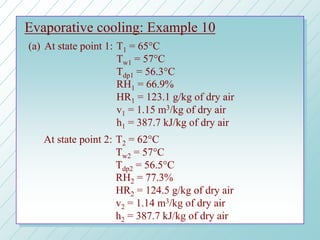 Evaporative cooling: Example 10
(a) At state point 1: T1 = 65°C
Tw1 = 57°C
Tdp1 = 56.3°C
RH1 = 66.9%
HR1 = 123.1 g/kg of dry air
v1 = 1.15 m3/kg of dry air
h1 = 387.7 kJ/kg of dry air
At state point 2: T2 = 62°C
Tw2 = 57°C
Tdp2 = 56.5°C
RH2 = 77.3%
HR2 = 124.5 g/kg of dry air
v2 = 1.14 m3/kg of dry air
h2 = 387.7 kJ/kg of dry air
 