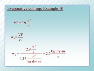 Evaporative cooling: Example 10
3
m
VF =2.9
s
3
a 3
m
2.9
kg dry airsw 2.6
m s
1.14
kg dry air
= =
a
2
VF
w =
v
 
