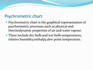 Psychrometric chart
 Psychrometric chart is the graphical representation of
psychrometric processes such as physical and
thermodynamic properties of air and water vapour.
 These include dry bulb and wet bulb temperatures,
relative humidity,enthalpy,dew point temperature.
 