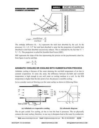 REFRIGERATION & AIRCONDITIONING
PSYCHROMETRY & AIR CONDITIONING
Web: www.amiestudycircle.com     Email: info@amiestudycircle.com     Ph: +91 9412903929       22/39 
AMIE(I) STUDY CIRCLE(REGD.)
A FOCUSSED APPROACH
s
t
Qsensibleheat
CSHF
total heat Q
 
The enthalpy difference (h1 – h2) represents the total heat absorbed by the coil. In the
processes 1-2, 1-2', 1-2" the total heat absorbed is same but the proportion of sensible heat
absorbed to total heat absorbed successively reduces. This is indicated by the fact that T1" >
T2' > T2. This proportion is called the Sensible Heat Factor (SHF).
SHF represents the slope of the line representing the process on the psychrometric chart So,
from figure it can be said that,
3 2
1 2
h h
SHF
h h



ADIABATIC COOLING OR COOLING WITH HUMIDIFICATION PROCESS
Adiabatic cooling is because of the water attaining the wet-bulb temperature of air due to
constant evaporation. In some dry areas, the difference between dry-bulb and wet-bulb
temperature is high enough to use well water as cooling medium in a coil. As the WB
temperature is higher than the dew point of air, the process is sensible cooling.
Let us consider warm air blowing over the water surface as shown in following fifure.
(a) Adiabatic or evaporative cooling (b) schematic diagram
The air gets cooled. For cooling, air has to lose the heat it possesses. The air physically
contacts the water surface, therefore, in one way it dissipates heat to the water by conduction.
WHATSAPP: +91-9412903929 AMIESTUDYCIRCLE.COM INFO@AMIESTUDYCIRCLE.COM
 