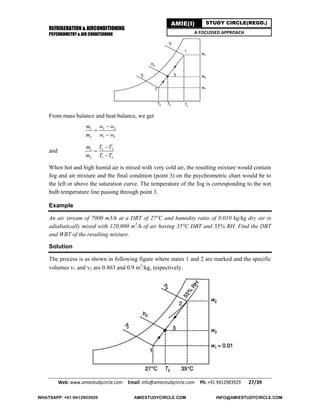 REFRIGERATION & AIRCONDITIONING
PSYCHROMETRY & AIR CONDITIONING
Web: www.amiestudycircle.com     Email: info@amiestudycircle.com     Ph: +91 9412903929       27/39 
AMIE(I) STUDY CIRCLE(REGD.)
A FOCUSSED APPROACH
From mass balance and heat balance, we get
3 21
2 1 3
w wm
m w w



and 3 21
2 1 3
T Tm
m T T



When hot and high humid air is mixed with very cold air, the resulting mixture would contain
fog and air mixture and the final condition (point 3) on the psychrometric chart would be to
the left or above the saturation curve. The temperature of the fog is corresponding to the wet
bulb temperature line passing through point 3.
Example
An air stream of 7000 m3/h at a DBT of 27°C and humidity ratio of 0.010 kg/kg dry air is
adiabatically mixed with 120,000 m3
/h of air having 35°C DBT and 55% RH. Find the DBT
and WBT of the resulting mixture.
Solution
The process is as shown in following figure where states 1 and 2 are marked and the specific
volumes 1 and 2 are 0.863 and 0.9 m3
/kg, respectively.
WHATSAPP: +91-9412903929 AMIESTUDYCIRCLE.COM INFO@AMIESTUDYCIRCLE.COM
 