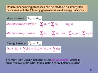 14
Most air-conditioning processes can be modeled as steady-flow
processes with the following general mass and energy balances:
The work term usually consists of the fan work input, which is
small relative to the other terms in the energy balance relation.
Energy balance
Mass balance
 