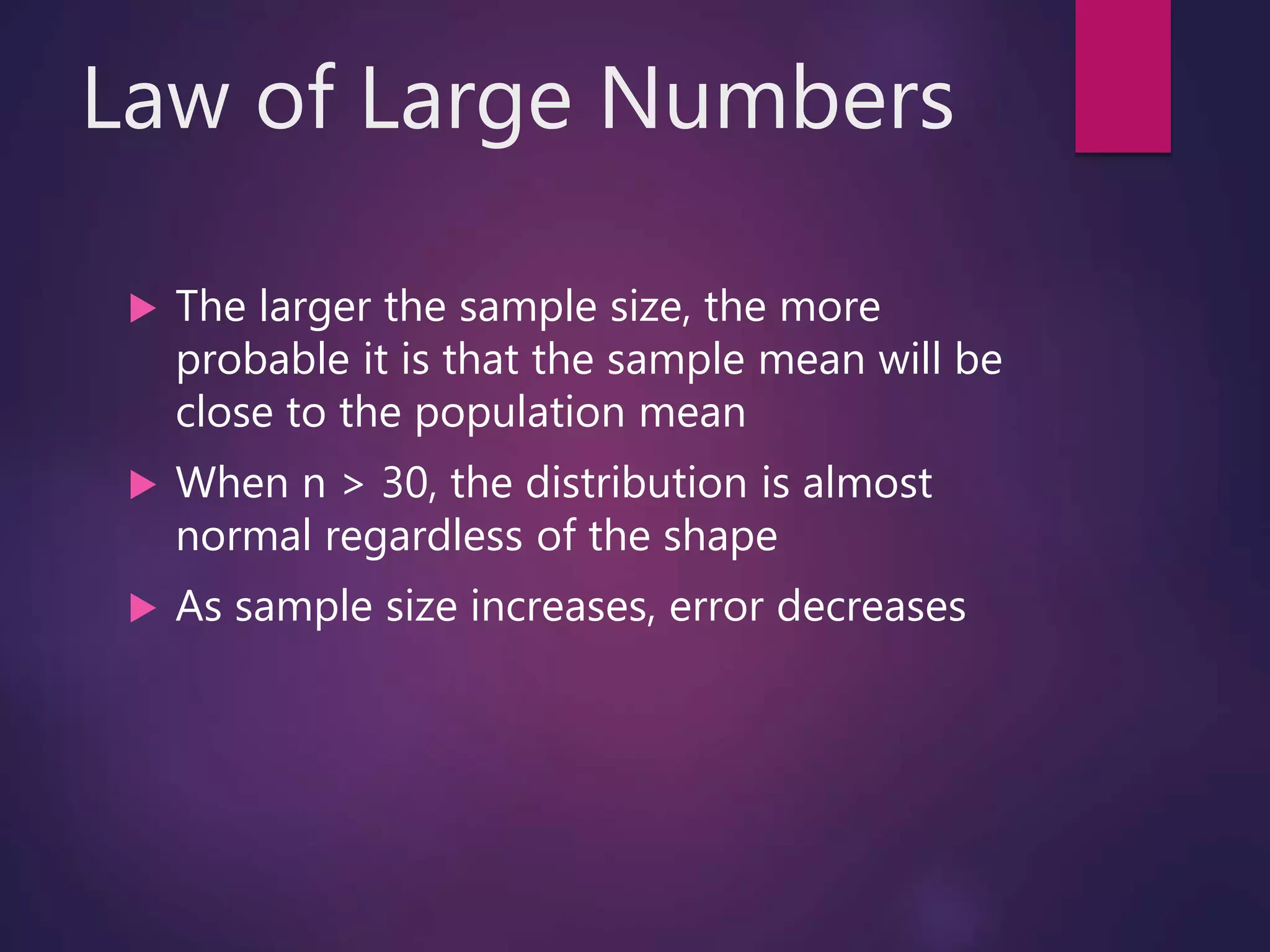 Law of Large Numbers
 The larger the sample size, the more
probable it is that the sample mean will be
close to the population mean
 When n > 30, the distribution is almost
normal regardless of the shape
 As sample size increases, error decreases
 