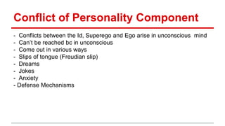 - Conflicts between the Id, Superego and Ego arise in unconscious mind
- Can’t be reached bc in unconscious
- Come out in various ways
- Slips of tongue (Freudian slip)
- Dreams
- Jokes
- Anxiety
- Defense Mechanisms
Conflict of Personality Component
 