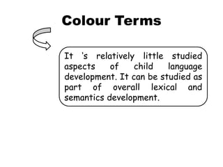 Colour Terms 
It ‘s relatively little studied 
aspects of child language 
development. It can be studied as 
part of overall lexical and 
semantics development. 
 