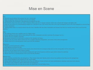 Erin:
C- Normal casual clothes that present her as a normal girl.
L- High key lighting makes her stand out from her setting.
A- Acting shows the character’s development throughout the film.
M- Movements show how she can make mistakes which puts her in danger however when she is faced with danger she fights well.
P- Uses an axe which is a countertypical weapon for a female to use, this shows how she is the main protagonist and is the more adapted to survival than
the other characters.
S- Setting takes place in a house shows how the she is familiar with the other characters and shows how she is a normal person who is put into this
situation.
Felix:
C- His clothing shows he is wealthy and of a higher class.
L- Darker lighting connotes that he has betrayed the other characters and also connotes the danger he is in.
A- Shows him as a weaker character.
M- Movement shows he is timid and is scared of the situation he faces.
P- Doesn’t use any props which shows how he is weaker than the antagonists and some of the other protagonists.
S- Shows how he is a normal person who is put into this situation.
Policeman:
C- Wears a normal policeman uniform.
L- Dark lighting connotes his fate.
A- Acting shows that he is unaware of the events and shows how he is trying to help but is in the wrong place at the wrong time.
M- Nervous as he doesn't know what to expect.
P- Has a car which shows he has traveled a distance to get to the house as well as a gun which shows his authority.
S- Shows how he is a normal person who is put into this situation.
Masked men:
C- Dark clothing connotes they are dangerous. Their masks hide their identity which shows the audience that they are the antagonists.
L- Dark lighting disallows the audience to see much detail.
A- Acting varies between them, this shows how they are different. Some of them are more professional, whereas some are more clumsy.
P- All of them carry weapons which shows they are dangerous.
S- The setting shows how evil they are as they are attacking a normal family home.
Erin:
C- Normal casual clothes that present her as a normal girl.
L- High key lighting makes her stand out from her setting.
A- Acting shows the character’s development throughout the film.
M- Movements show how she can make mistakes which puts her in danger however when she is faced with danger she fights well.
P- Uses an axe which is a countertypical weapon for a female to use, this shows how she is the main protagonist and is the more adapted to survival than
the other characters.
S- Setting takes place in a house shows how the she is familiar with the other characters and shows how she is a normal person who is put into this
situation.
Felix:
C- His clothing shows he is wealthy and of a higher class.
L- Darker lighting connotes that he has betrayed the other characters and also connotes the danger he is in.
A- Shows him as a weaker character.
M- Movement shows he is timid and is scared of the situation he faces.
P- Doesn’t use any props which shows how he is weaker than the antagonists and some of the other protagonists.
S- Shows how he is a normal person who is put into this situation.
Policeman:
C- Wears a normal policeman uniform.
L- Dark lighting connotes his fate.
A- Acting shows that he is unaware of the events and shows how he is trying to help but is in the wrong place at the wrong time.
M- Nervous as he doesn't know what to expect.
P- Has a car which shows he has traveled a distance to get to the house as well as a gun which shows his authority.
S- Shows how he is a normal person who is put into this situation.
Masked men:
C- Dark clothing connotes they are dangerous. Their masks hide their identity which shows the audience that they are the antagonists.
L- Dark lighting disallows the audience to see much detail.
A- Acting varies between them, this shows how they are different. Some of them are more professional, whereas some are more clumsy.
P- All of them carry weapons which shows they are dangerous.
S- The setting shows how evil they are as they are attacking a normal family home.
Mise en Scene
 
