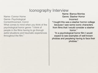 Iconography Interview
Name- Connor Horne
Genre- Psychological
Correct/Incorrect- Corrct
What comes to mind when you think of the
psychological horror genre- “I think of
people in the films having to go thorugh
awful situations and traumatic experiences
throughout the film.”
Name: Bianca Morriss
Genre: Slasher Horror
Incorrect
“I tought this was a slasher horrror collage
because I saw some iconic characters
from films that I would consider a slasher
horror.”
“In a psychological horror film I would
expect to see examples of well known
phobias and peopleing having to face their
phobias.”
 