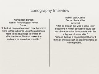 Iconography Interview
Name: Ben Bartlett
Genre: Psychological Horror
Correct
“I think of peoples fears and how the horror
films in this subgenre uses the audiences
fears to its advantage to create an
effective horror film that makes the
audience as scared as possible.”
Name: Jayk Cassie
Genre: Serial Killer
Incorrect
“I felt as though this was a serial killer
subgenre in horror becuase I could see
two characters that I assocaiate with the
subgnere of serial killer.”
“When I think of a psychological horror I
think of phobias such as arachnophobia or
clostrophobia.”
 