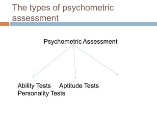 The types of psychometric
assessment
Psychometric Assessment
Ability Tests Aptitude Tests
Personality Tests
 