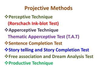 Projective Methods
Perceptive Technique
(Rorschach Ink-blot Test)
Apperceptive Technique
Thematic Apperceptive Test (T.A.T)
Sentence Completion Test
Story telling and Story Completion Test
Free association and Dream Analysis Test
Productive Technique
 