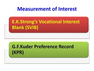 Measurement of Interest
E.K.Strong’s Vocational Interest
Blank (SVIB)
G.F.Kuder Preference Record
(KPR)
 