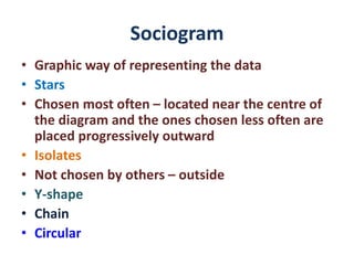 Sociogram
• Graphic way of representing the data
• Stars
• Chosen most often – located near the centre of
the diagram and the ones chosen less often are
placed progressively outward
• Isolates
• Not chosen by others – outside
• Y-shape
• Chain
• Circular
 