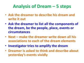Analysis of Dream – 5 steps
• Ask the dreamer to describe his dream and
write it out
• Ask the dreamer to list all the components of
the dream, be the people, place, events or
circumstances
• Next – make the dreamer write down all his
associations to each of the dream elements
• Investigator tries to amplify the dream
• Dreamer is asked to think and describe about
yesterday’s events vividly
 