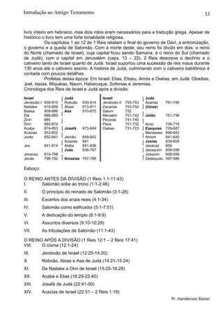 33
livro inteiro em hebraico, mas dois rolos eram necessários para a tradução grega. Apesar de
histórico o livro tem uma forte tonalidade religiosa.
Os capítulos 1 ao 12 de 1 Reis relatam o final do governo de Davi, a entronização,
o governo e a queda de Salomão. Com a morte deste, seu reino foi divido em dois: o reino
do Norte (chamado de Israel), cuja capital ficou sendo Samaria, e o reino do Sul (chamado
de Judá), com a capital em Jerusalém (caps. 13 – 22). 2 Reis descreve o declínio e o
cativeiro tanto de Israel quanto de Judá. Israel suportou uma sucessão de reis maus durante
130 anos até o cativeiro assírio. A história de Judá, culminando com o cativeiro babilônico é
contada com poucos detalhes.
Profetas dessa época: Em Israel: Elias, Eliseu, Amós e Oséias; em Judá: Obadias,
Joel, Isaías, Miquéias, Naum, Habacuque, Sofonias e Jeremias.
Cronologia dos Reis de Israel e Judá após a divisão:
Israel Judá Israel Judá
Jeroboão I 930-910 Roboão 930-914 Jeroboão II 793-753 Azarias 791-740
Nadabe 910-909 Abias 913-911 Zacarias 753-752 (Uzias)
Baasa 909-886 Asa 910-870 Salum 752
Elá 886-885 Menaém 751-742 Jotão 751-736
Zinri 885 Pecaías 741-740
Onri 885-874 Peca 751-732 Acaz 736-716
Acabe 874-853 Josafá 873-849 Oséias 731-723 Ezequias 729-687
Acazias 853-852 Manasses 696-642
Jorão 852-841 Jeorão 849-842 Amom 641-640
Acazias 841 Josias 639-609
Jeú 841-814 Atalia 841-836 Jeoacaz 609
Joás 836-797 Jeoaquim 608-598
Jeoacaz 814-798 Joaquim 608-598
Jeoás 798-782 Amazias 797-768 Zedequias 597-586
Esboço:
O REINO ANTES DA DIVISÃO (1 Reis 1:1-11:43)
I. Salomão sobe ao trono (1:1-2:46)
II. O princípio do reinado de Salomão (3:1-28)
III. Excertos dos anais reais (4:1-34)
IV. Salomão como edificador (5:1-7:51)
V. A dedicação do templo (8:1-9:9)
VI. Assuntos diversos (9:10-10:29)
VII. As tribulações de Salomão (11:1-43)
O REINO APÓS A DIVISÃO (1 Reis 12:1 – 2 Reis 17:41)
VIII. O cisma (12:1-24)
IX. Jeroboão de Israel (12:25-14:20)
X. Roboão, Abias e Asa de Judá (14:21-15:24)
XI. De Nadabe a Onri de Israel (15:25-16:28)
XII. Acabe e Elias (16:29-22:40)
XIII. Josafá de Judá (22:41-50)
XIV. Acazias de Israel (22:51 – 2 Reis 1:18)
Pr. Handerson Xavier
Introdução ao Antigo Testamento
 