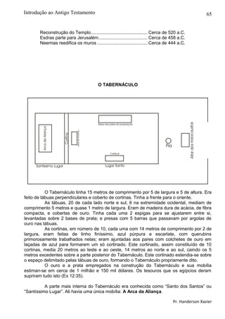 65
Reconstrução do Templo............................................. Cerca de 520 a.C.
Esdras parte para Jerusalém....................................... Cerca de 458 a.C.
Neemias reedifica os muros ........................................Cerca de 444 a.C.
O TABERNÁCULO
O Tabernáculo tinha 15 metros de comprimento por 5 de largura e 5 de altura. Era
feito de tábuas perpendiculares e coberto de cortinas. Tinha a frente para o oriente.
As tábuas, 20 de cada lado norte e sul, 6 na extremidade ocidental, mediam de
comprimento 5 metros e quase 1 metro de largura. Eram de madeira dura de acácia, de fibra
compacta, e cobertas de ouro. Tinha cada uma 2 espigas para se ajustarem entre si,
levantadas sobre 2 bases de prata; e presas com 5 barras que passavam por argolas de
ouro nas tábuas.
As cortinas, em número de 10, cada uma com 14 metros de comprimento por 2 de
largura, eram feitas de linho finíssimo, azul púrpura e escarlate, com querubins
primorosamente trabalhados nelas; eram ajuntadas aos pares com colchetes de ouro em
laçadas de azul para formarem um só cortinado. Este cortinado, assim constituído de 10
cortinas, media 20 metros ao leste e ao oeste, 14 metros ao norte e ao sul, caindo os 5
metros excedentes sobre a parte posterior do Tabernáculo. Este cortinado estendia-se sobre
o espaço delimitado pelas tábuas de ouro, formando o Tabernáculo propriamente dito.
O ouro e a prata empregados na construção do Tabernáculo e sua mobília
estiman-se em cerca de 1 milhão e 150 mil dólares. Os tesouros que os egípcios deram
supriram tudo isto (Ex 12:35).
A parte mais interna do Tabernáculo era conhecida como “Santo dos Santos” ou
“Santíssimo Lugar”. Ali havia uma única mobília: A Arca da Aliança.
Pr. Handerson Xavier
Introdução ao Antigo Testamento
 